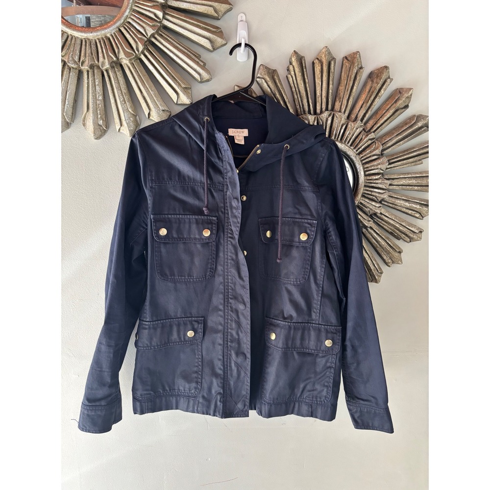 J.Crew Navy Utility Field Jacket‎ Hooded Military Gold Snap Women M